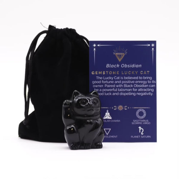 Figura de piedras preciosas - Gema Gato de la Suerte - Obsidiana Negra 50x35x25mm