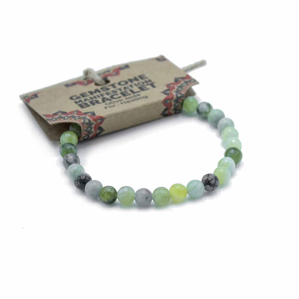 Lote de 2 pulseras de piedras preciosas -Jaspe Blanco + Jade oliva-Paz y curación