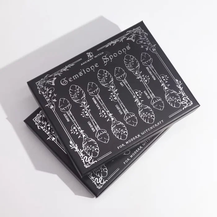 Juego de 7 Cucharas de Bruja de Cristal de Piedra Preciosa de Plata Oscura