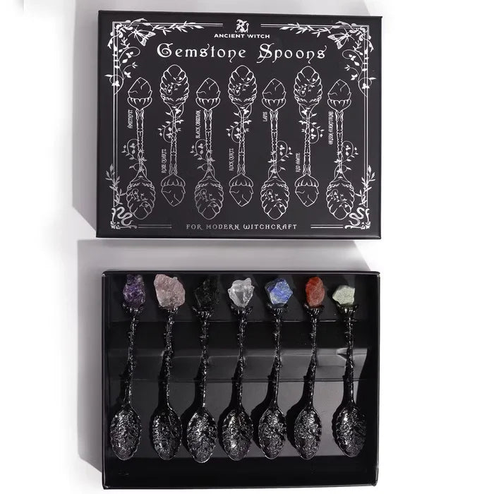 Juego de 7 Cucharas de Bruja de Cristal de Piedra Preciosa de Plata Oscura