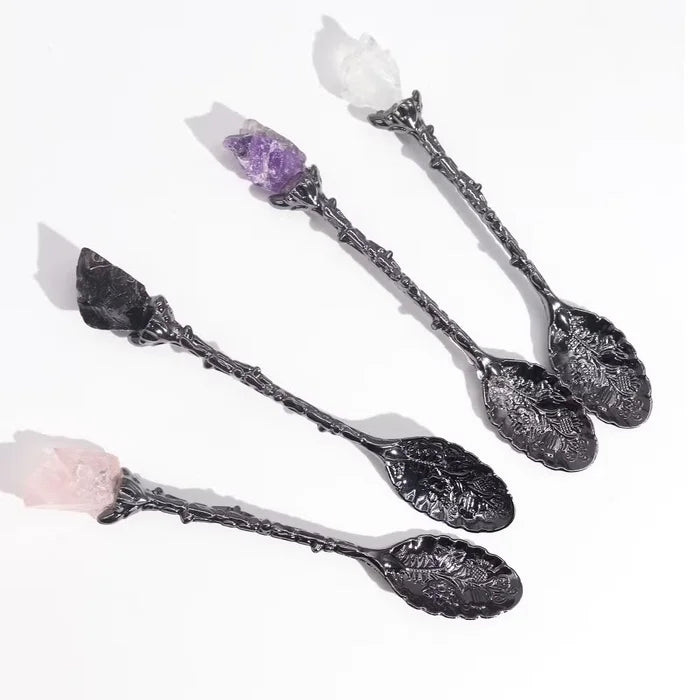 Juego de 7 Cucharas de Bruja de Cristal de Piedra Preciosa de Plata Oscura