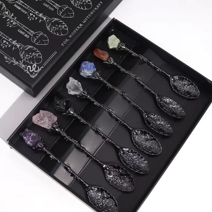 Juego de 7 Cucharas de Bruja de Cristal de Piedra Preciosa de Plata Oscura