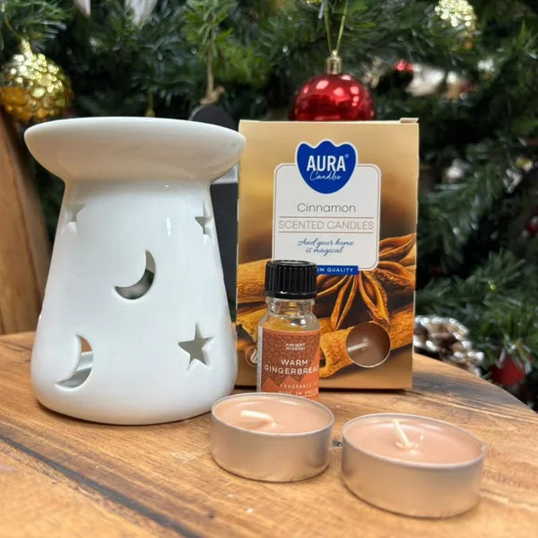 Pack Esencia y Luz – Pack Navideño con Quemador, Fragancia de Jengibre y Velas de Canela