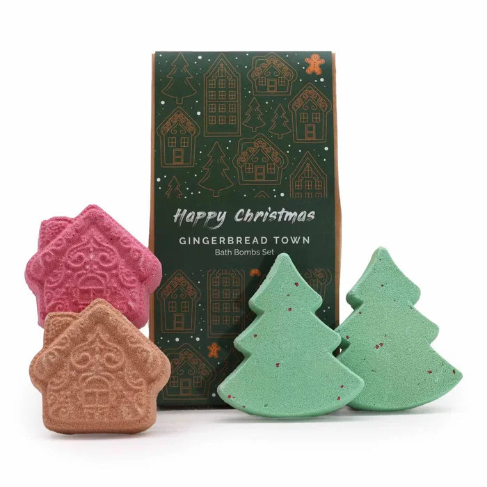 Lote de 4 Bombas de Baño Navideñas "Gingerbread Town" con Manteca de Karité