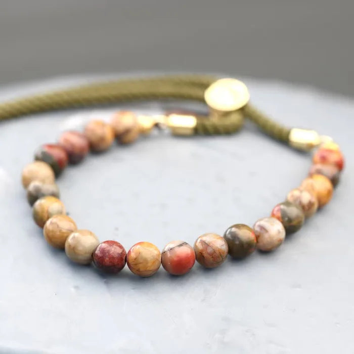 Pulsera de hilo verde con Jasper multicolor