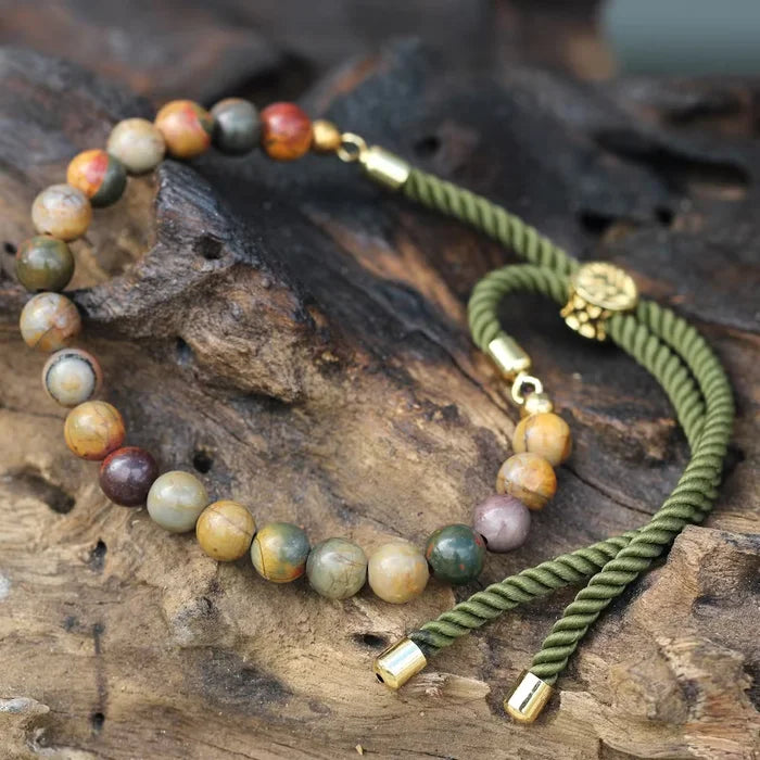 Pulsera de hilo verde con Jasper multicolor