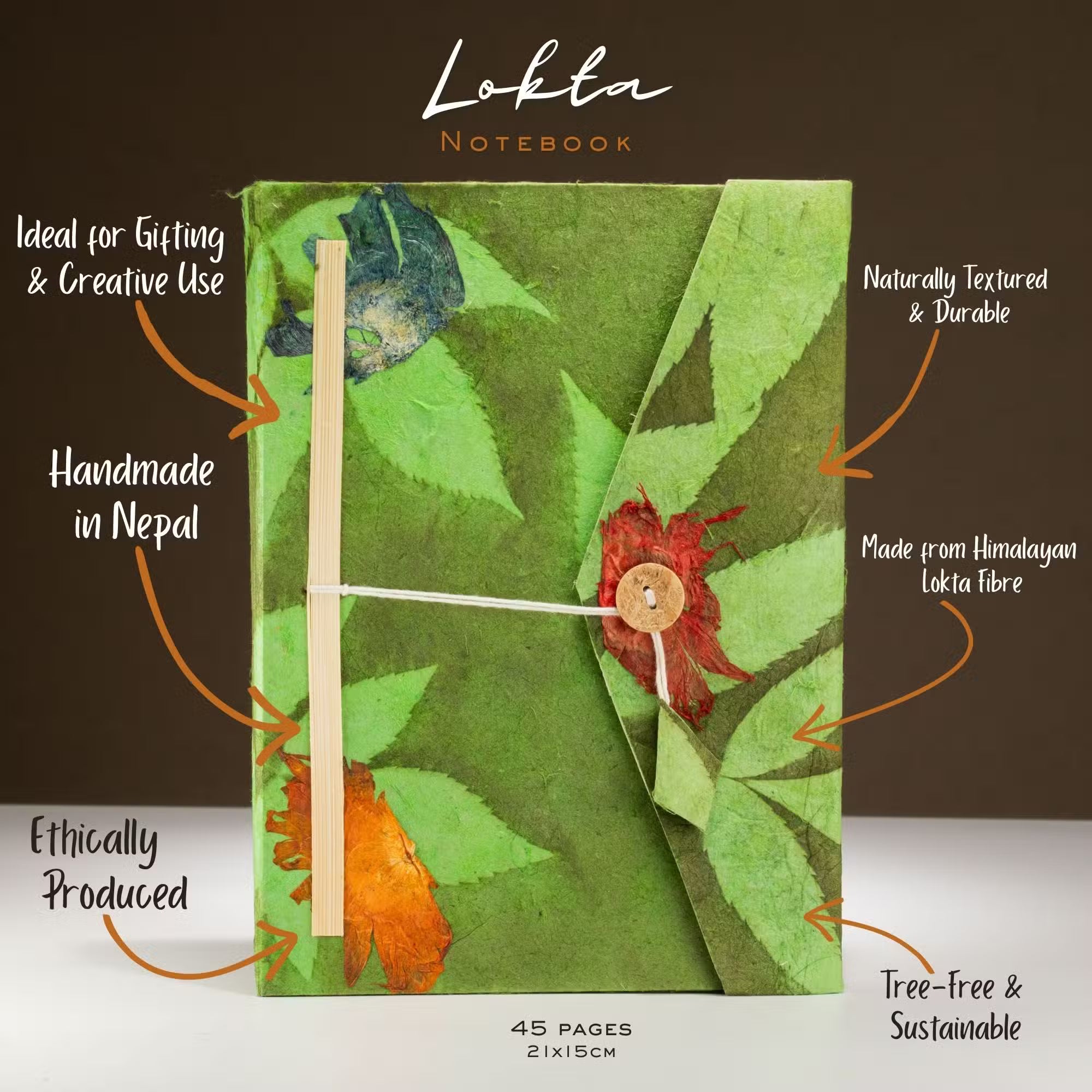 Cuaderno Grande Lokta 21x15cm- Diseño Floral 45 hojas-Verde musgo