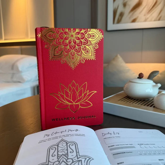 Diari de Benestar Vermell - 120 pàgines - Mandala daurat i lotus