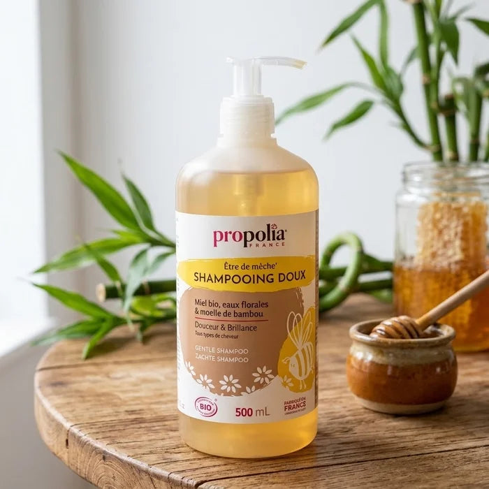 Champú suave orgánico de miel, aguas florales y médula de bambú – 500 ml